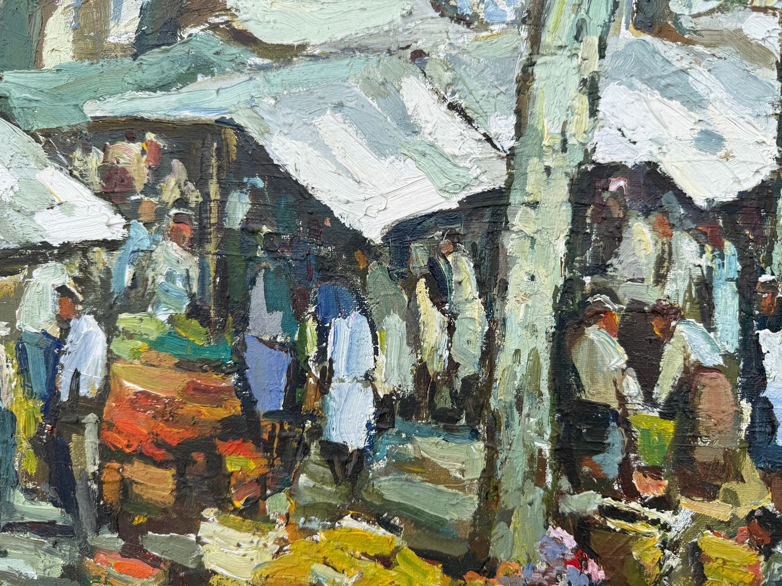 Manuel Zamora Muñoz Market Of Olot Spain Oil On Canvas Painting Spanish Urbanscape 1965 photo buy