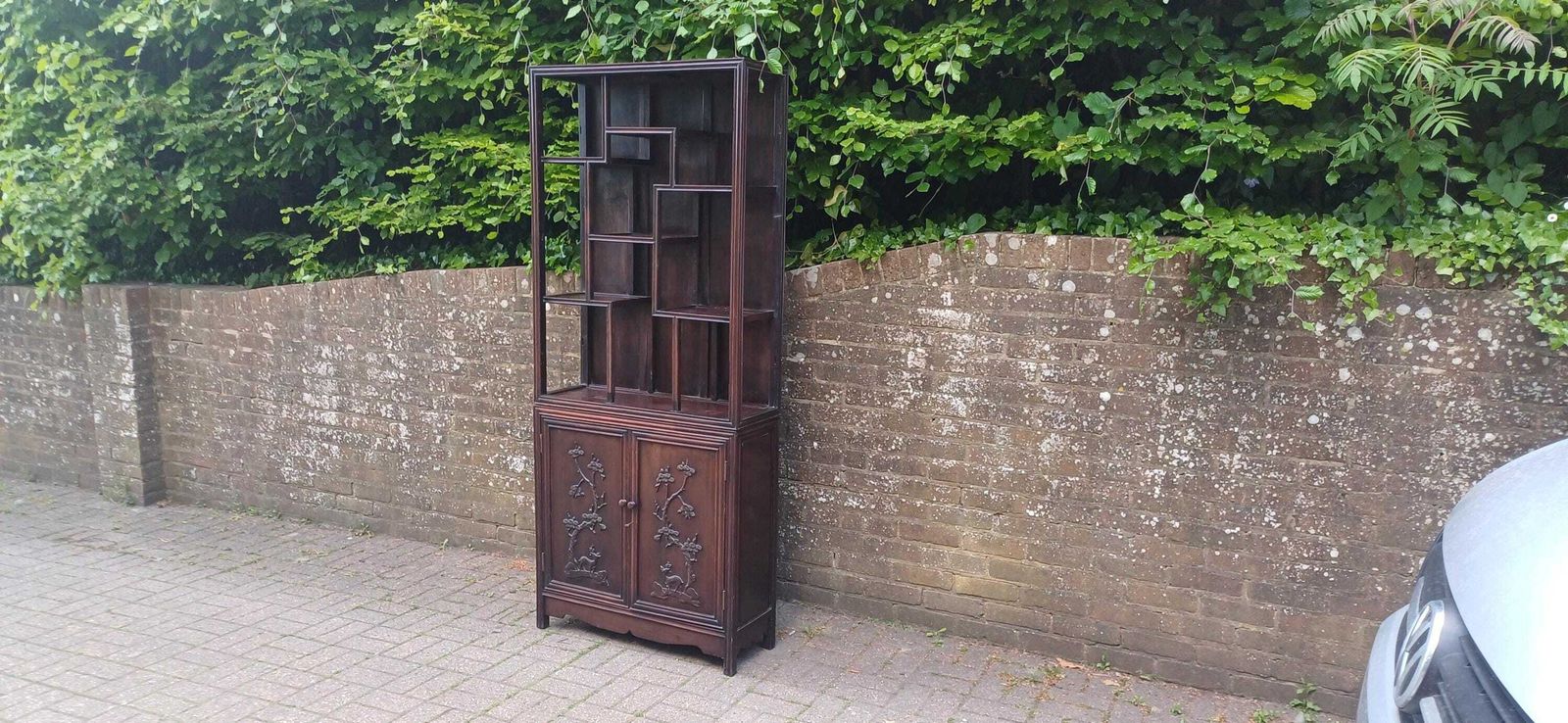 Antique Hardwood Display Cabinet – Ornate Style Step Shelves & Carved Base, Late 19th Century Zig Zag Shelves
