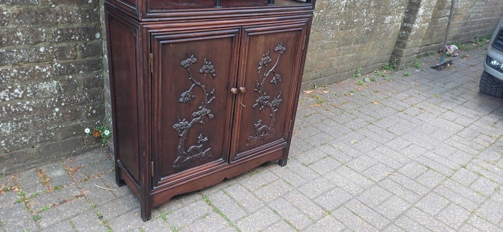 Antique Hardwood Display Cabinet – Ornate Style Step Shelves & Carved Base, Late 19th Century Zig Zag Shelves photo buy