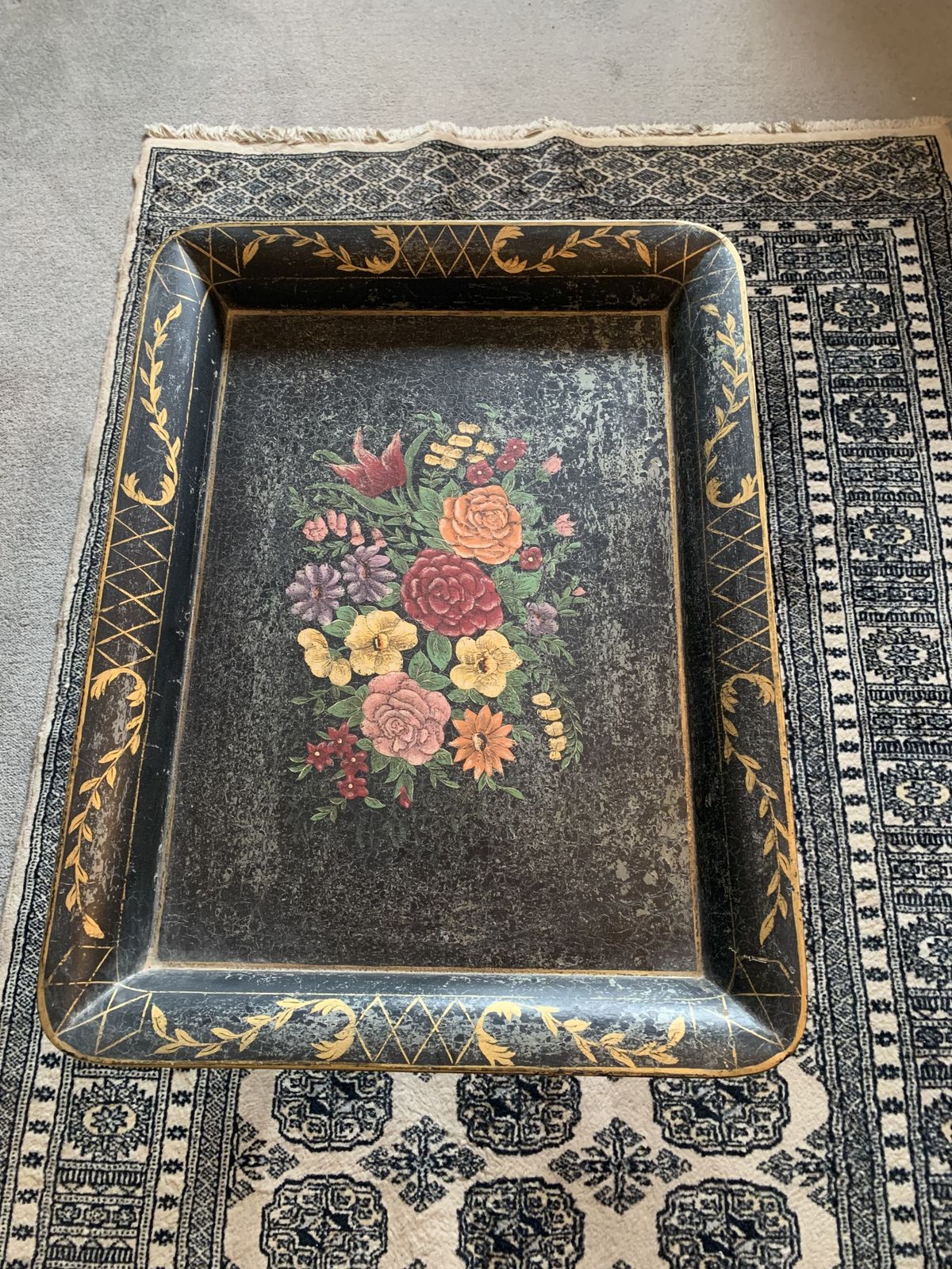 A French Hand Painted Metal Tray On Simulated Bamboo Stand