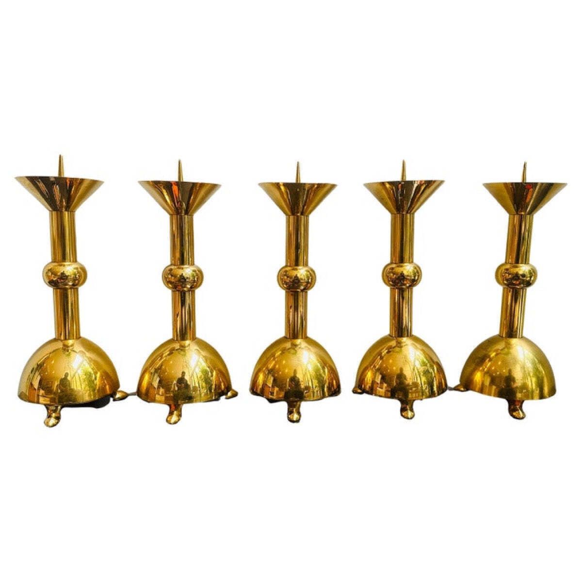 Set Of 5 1950s German Brutalist Gold Chromed Metal Church Candleholders