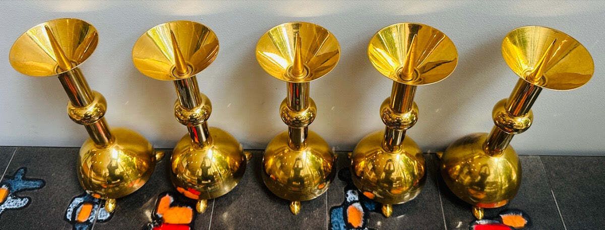 Set Of 5 1950s German Brutalist Gold Chromed Metal Church Candleholders photo Home Decor