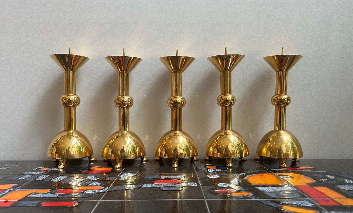 Set Of 5 1950s German Brutalist Gold Chromed Metal Church Candleholders photo 1350.0