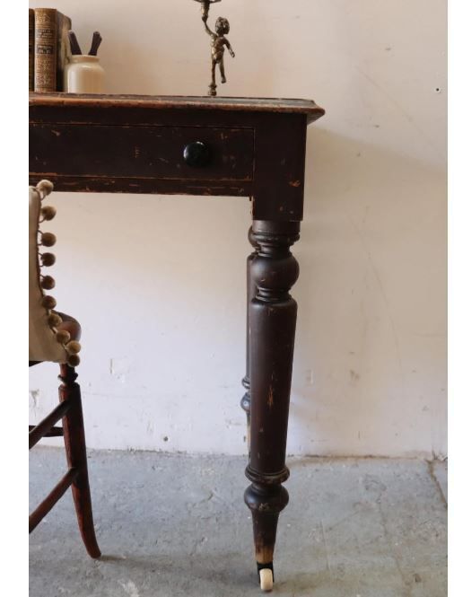 Striking Vintage Pine Writing Desk On Ceramic Castors With Original Paintwork