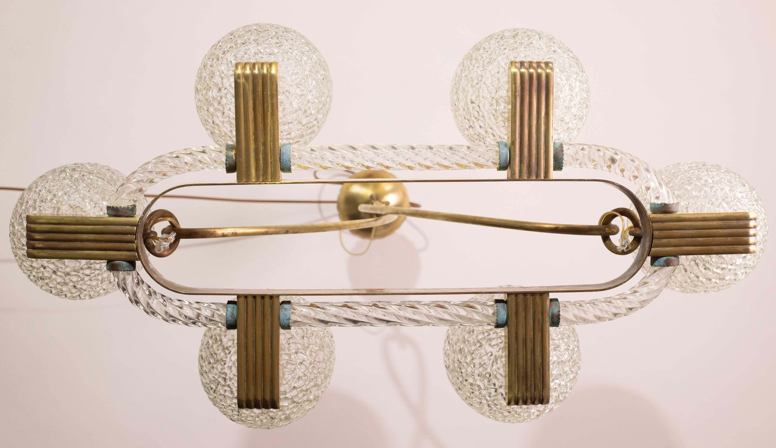 Art Decò Seguso Oval Mid Century Six  Light Murano Glass And Brass Chandelier photo vinterior