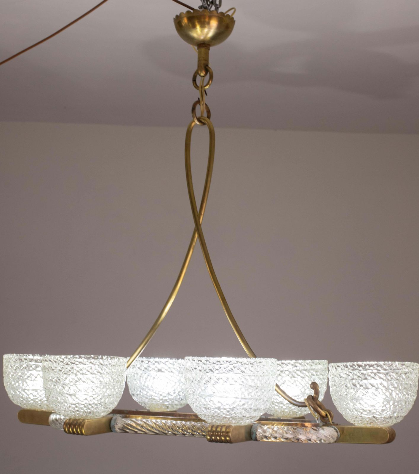 photo for sale Art Decò Seguso Oval Mid Century Six  Light Murano Glass And Brass Chandelier