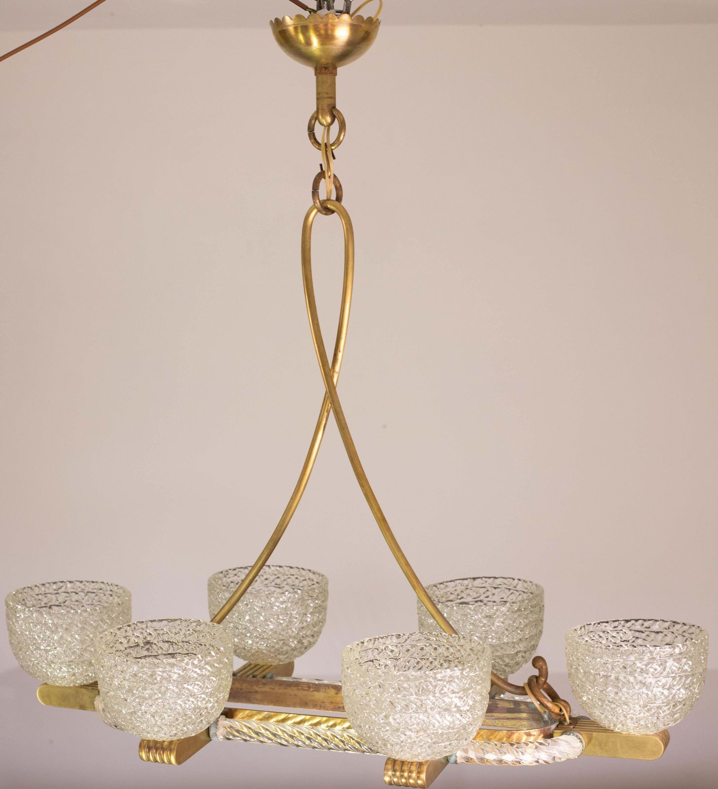 photo buy Art Decò Seguso Oval Mid Century Six  Light Murano Glass And Brass Chandelier