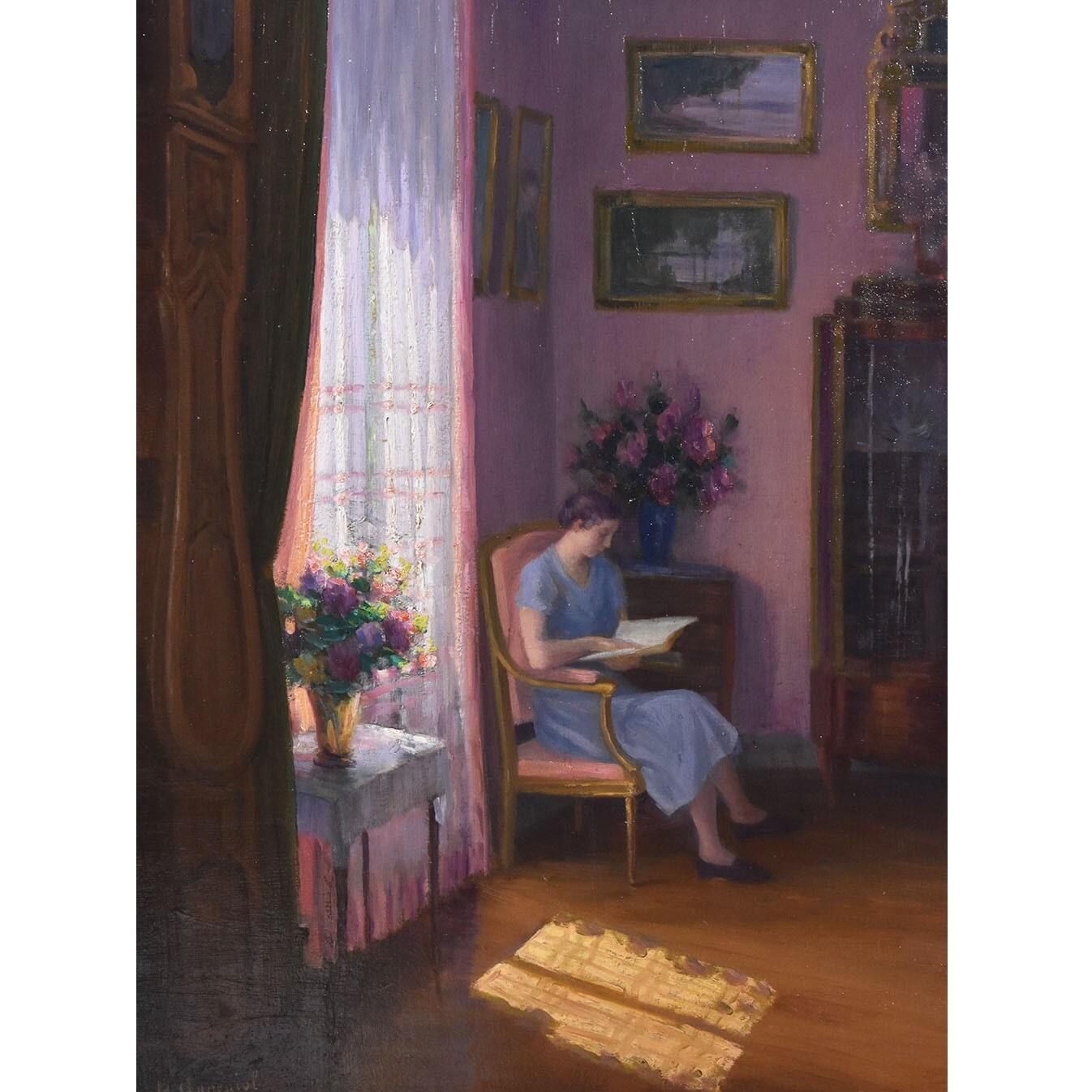 Antique Painting, Henri Charles Angéniol, Young Woman Reading, 20th Century. photo furniture