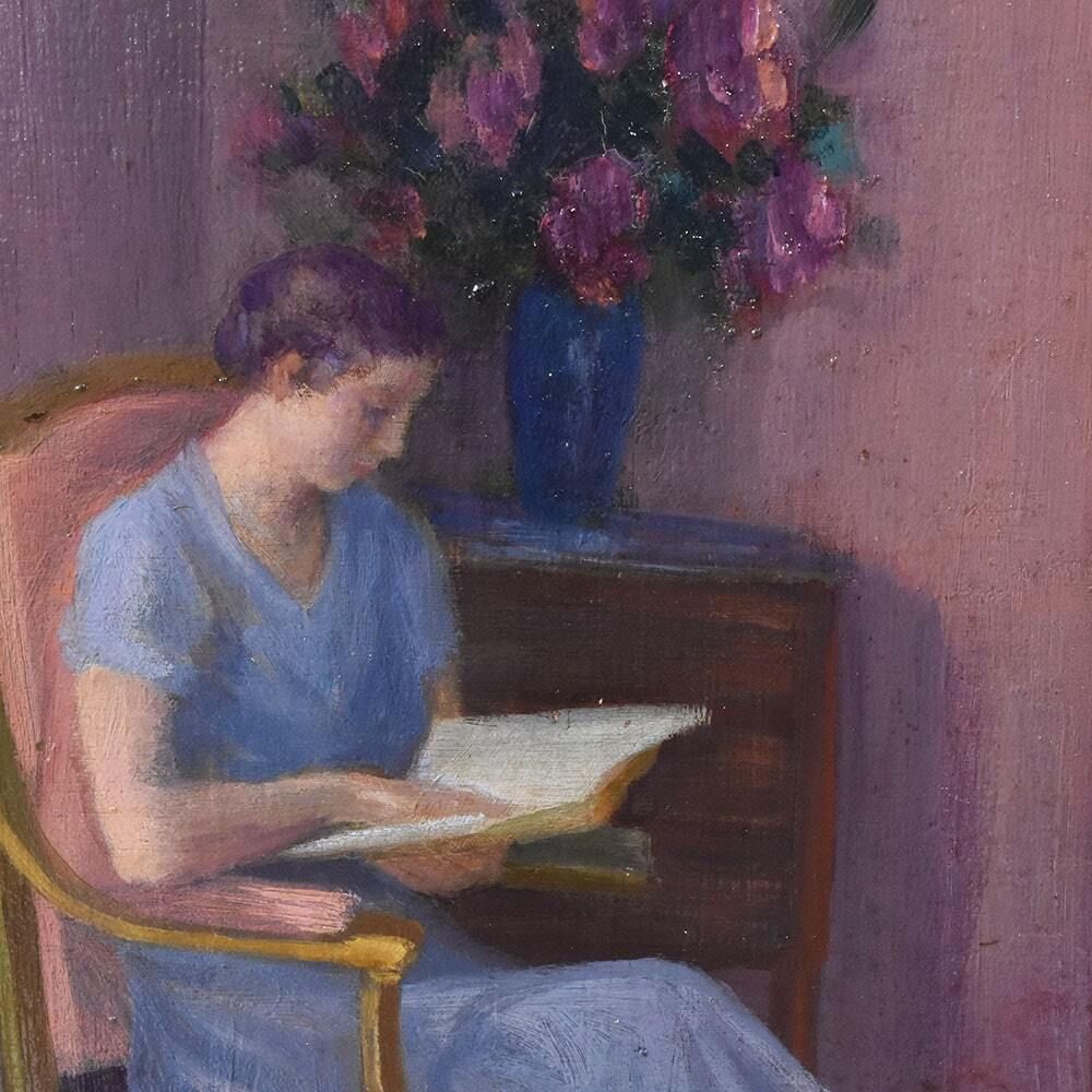 Antique Painting, Henri Charles Angéniol, Young Woman Reading, 20th Century. photo Art