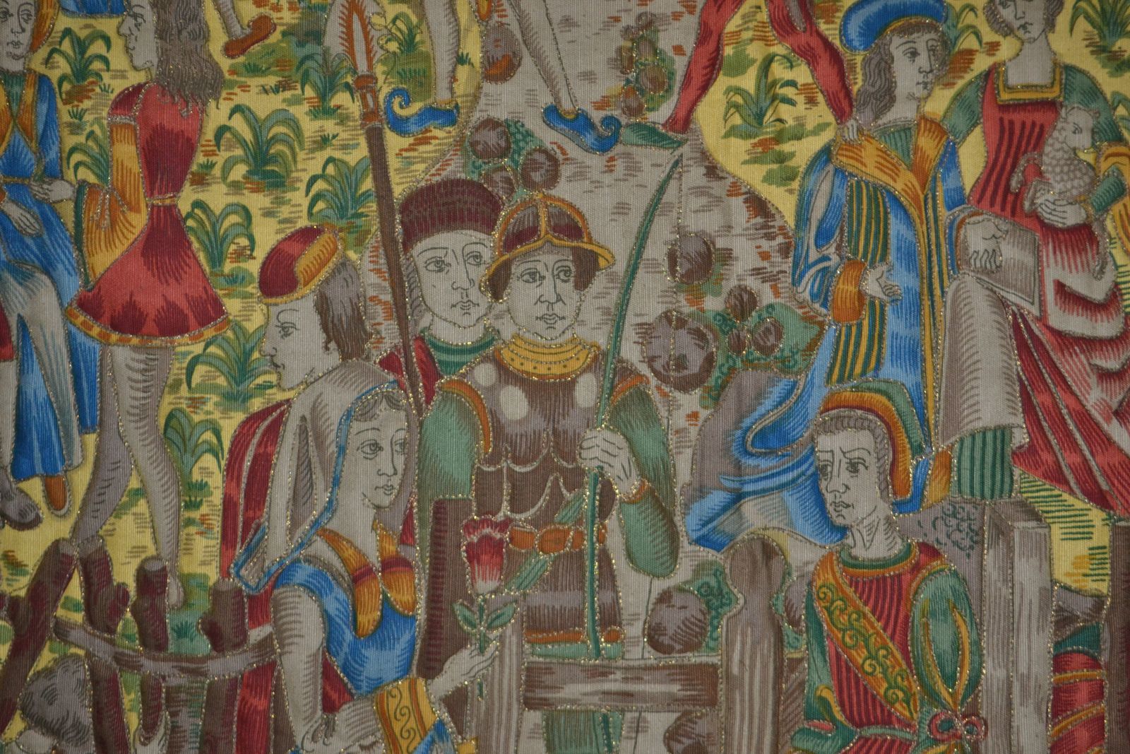 Rare Find. Gold And Red Embossed Cotton Linen Late 1960's Vintage French Medieval Tapestry   133.35cm X 144.78cm photo furniture