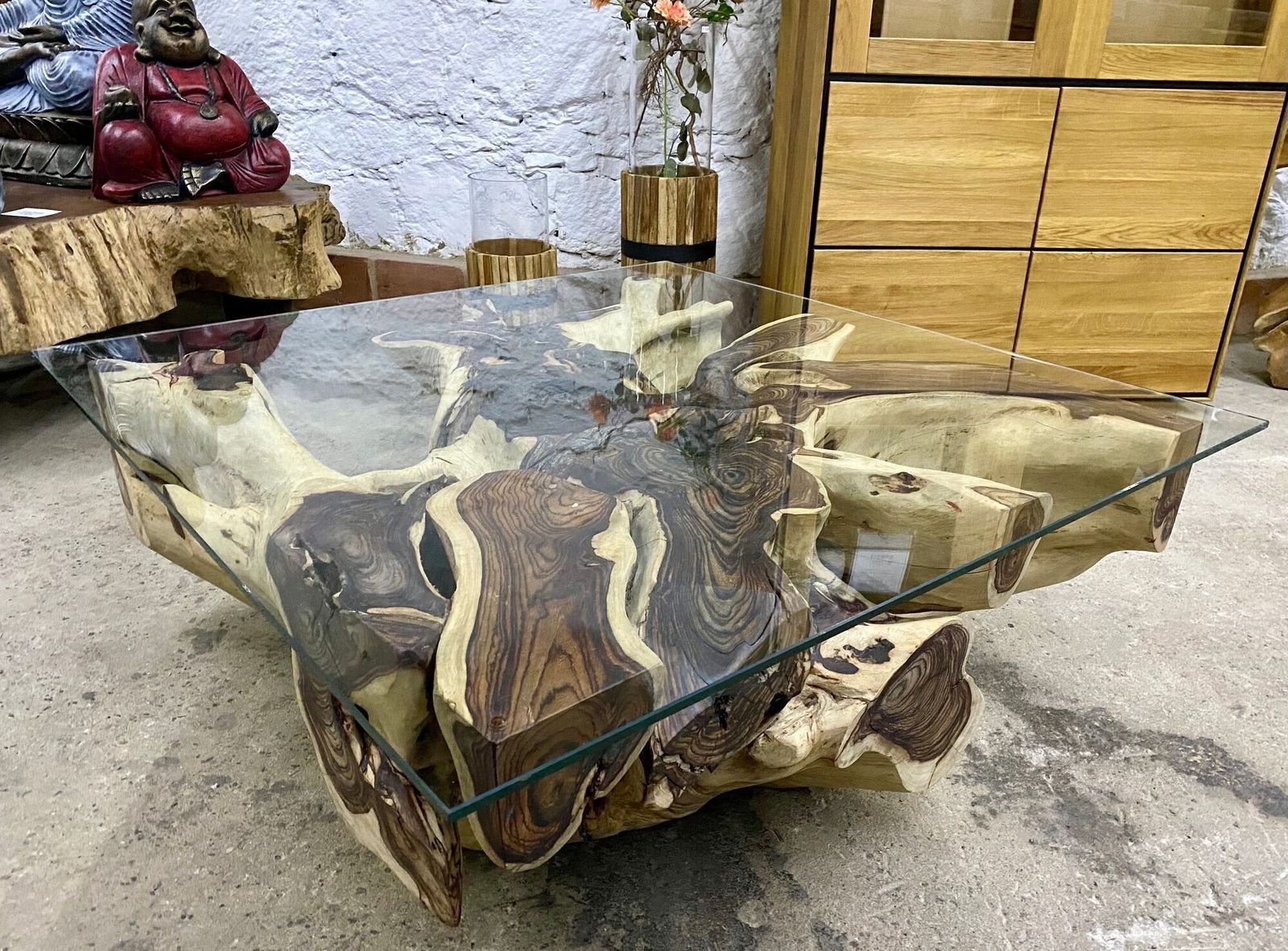 Organic Modern Root Table With Safety Glass Top, Sonokeling Wood, 2024 photo for sale