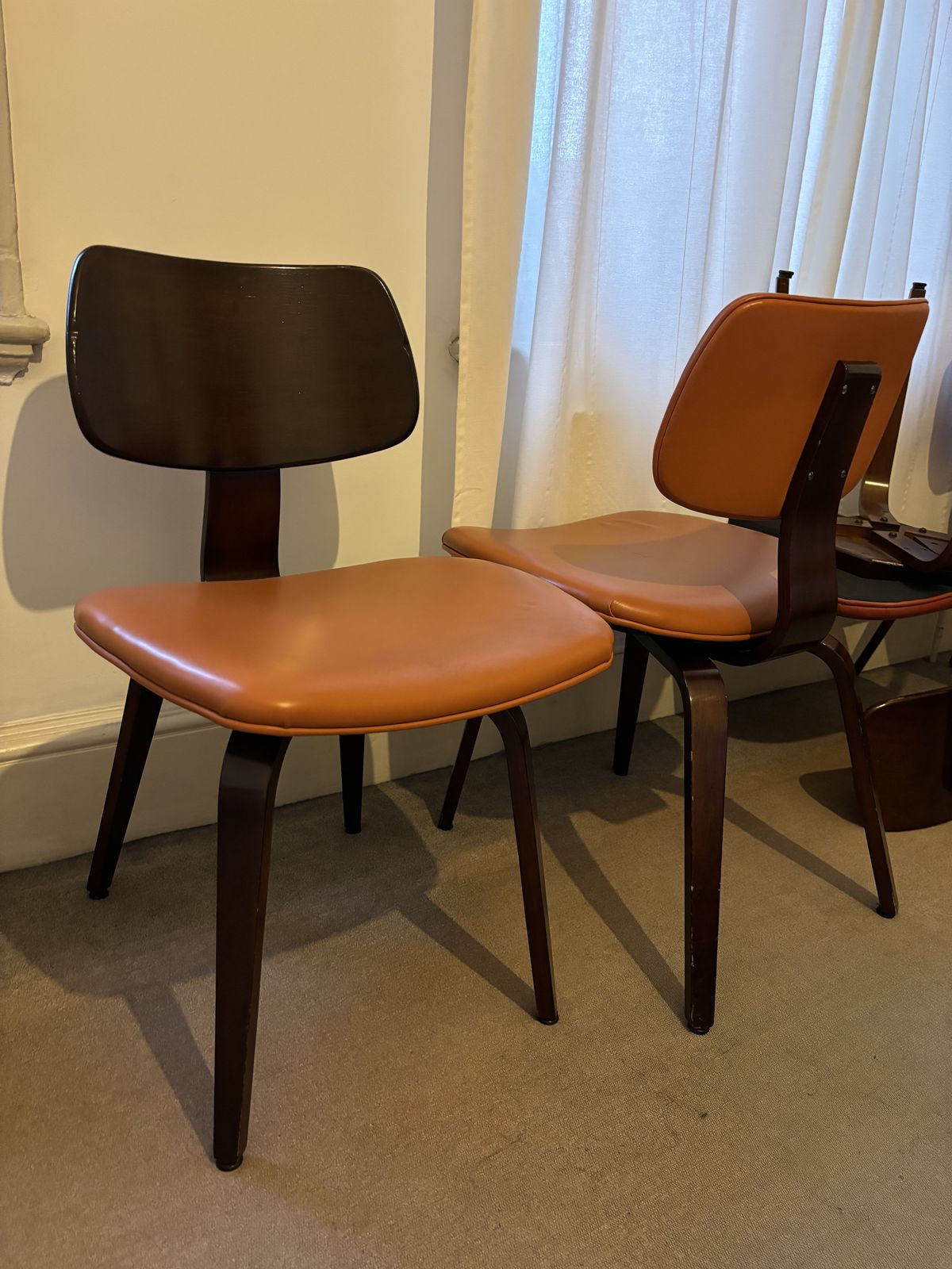2 X Pairs Of Vintage Mid Century Bentwood Ply Chairs, Designed By Bruno Weil For Thonet, USA In The 1950’s In Orange & Red Leather photo 800.0