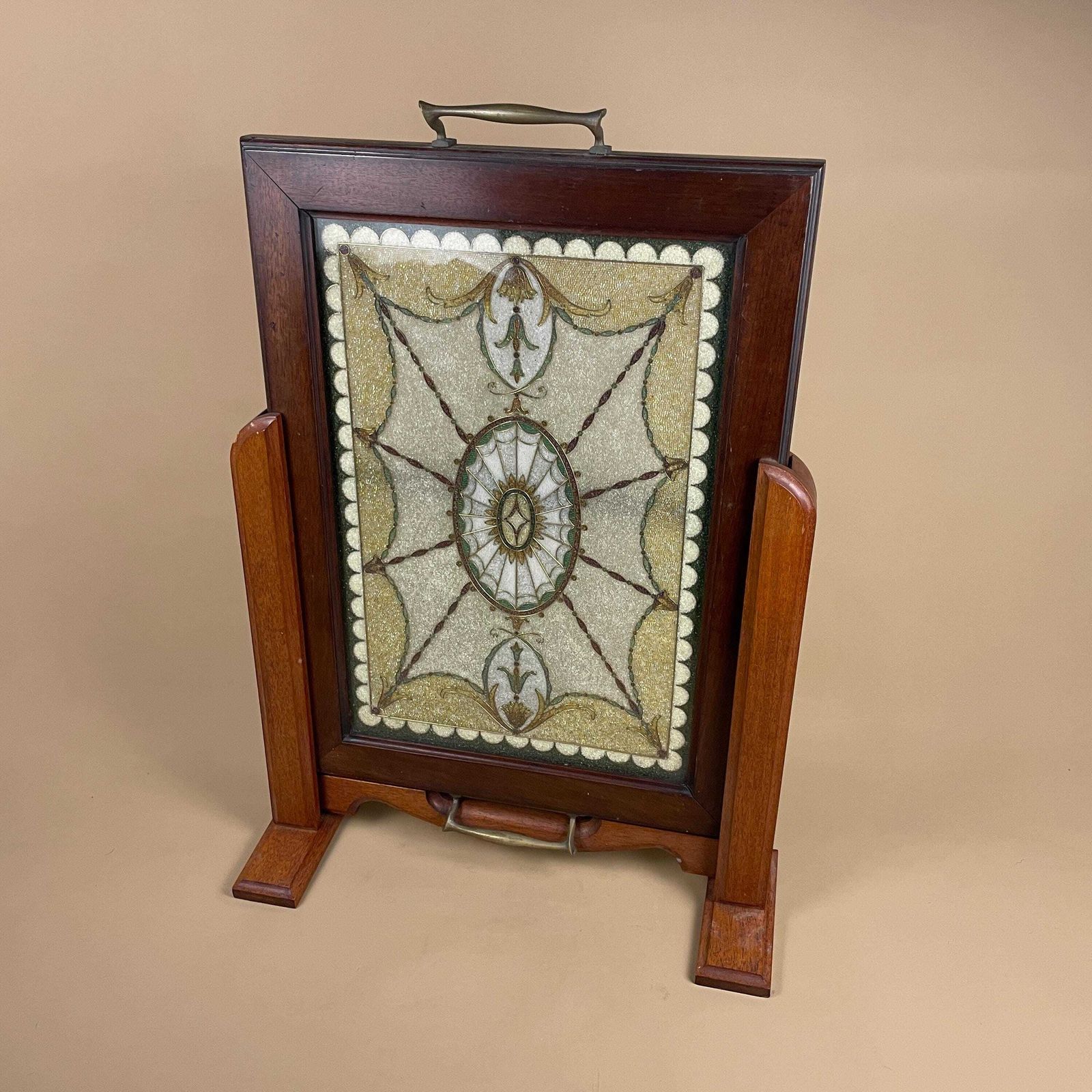 Vintage Fire Screen Fireguard Small Beading Pattern Detailed Beads Wood Sliding Removable Tray Wood Frame Freestanding