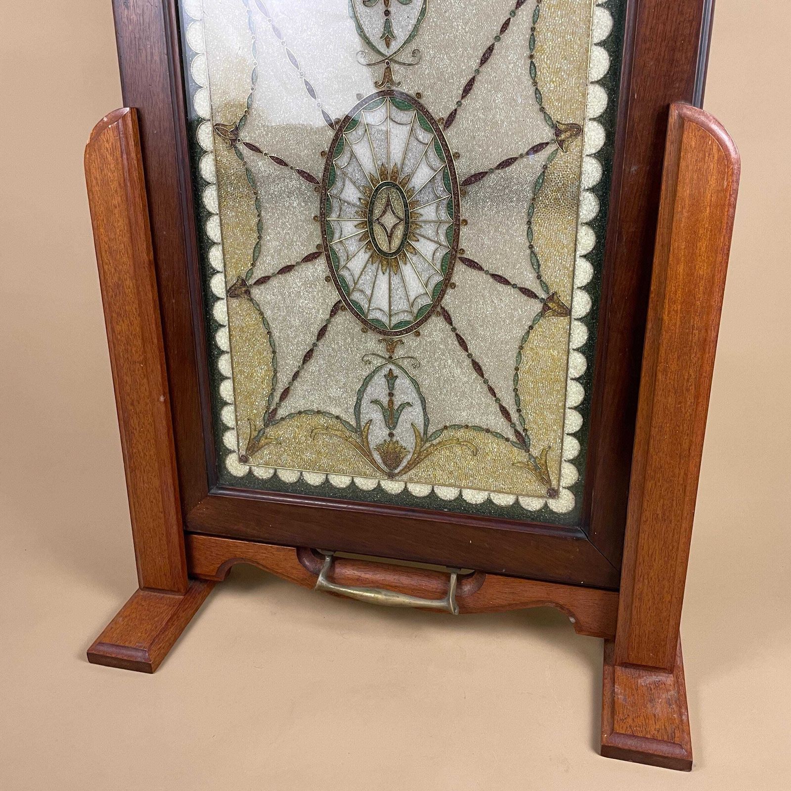Vintage Fire Screen Fireguard Small Beading Pattern Detailed Beads Wood Sliding Removable Tray Wood Frame Freestanding photo for sale