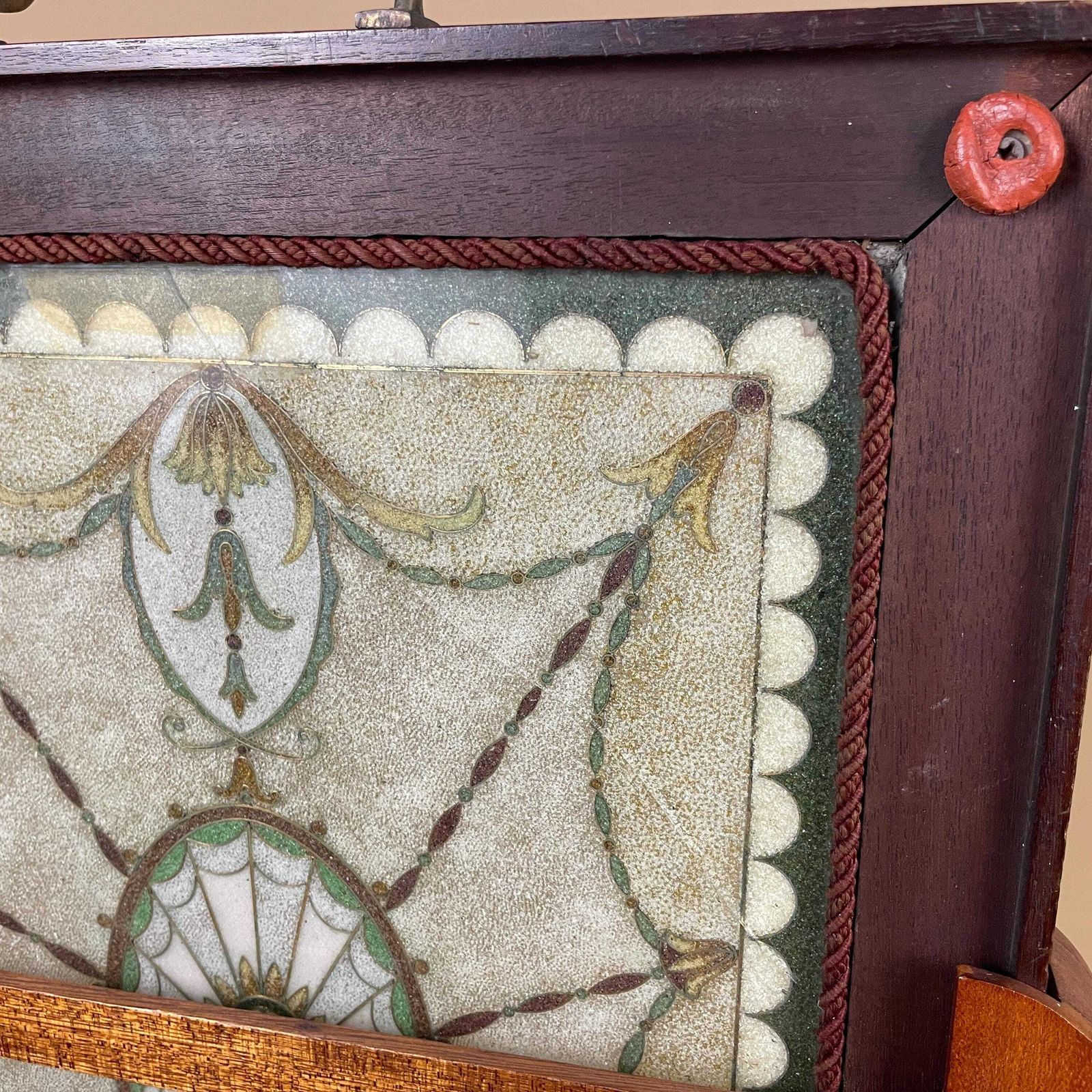 photo for sale Vintage Fire Screen Fireguard Small Beading Pattern Detailed Beads Wood Sliding Removable Tray Wood Frame Freestanding