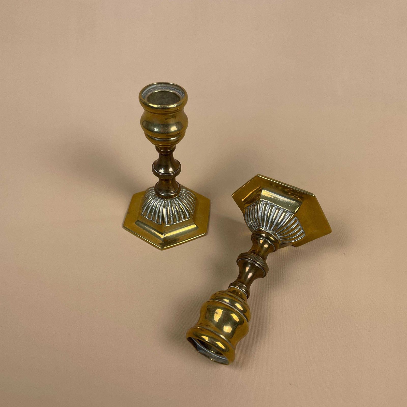 Antique Matching Pair Of Gold Brass Metal Candlestick Candle Stick Vintage Column Taper Dinner Candlesticks Hexagon Base Classic Pillar photo furniture