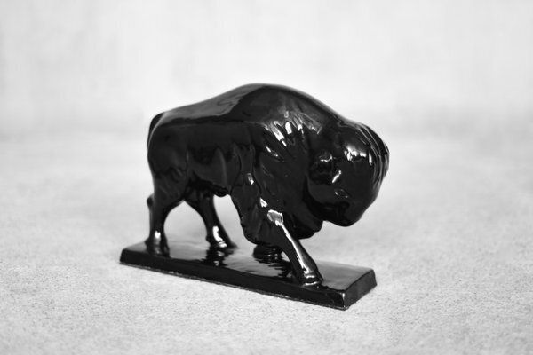 Large Mid Century Scandinavian Modern Black Porcelain Bison Figurine, 1960s photo buy