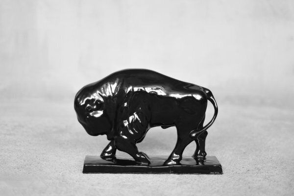 Home Decor Large Mid Century Scandinavian Modern Black Porcelain Bison Figurine, 1960s photo