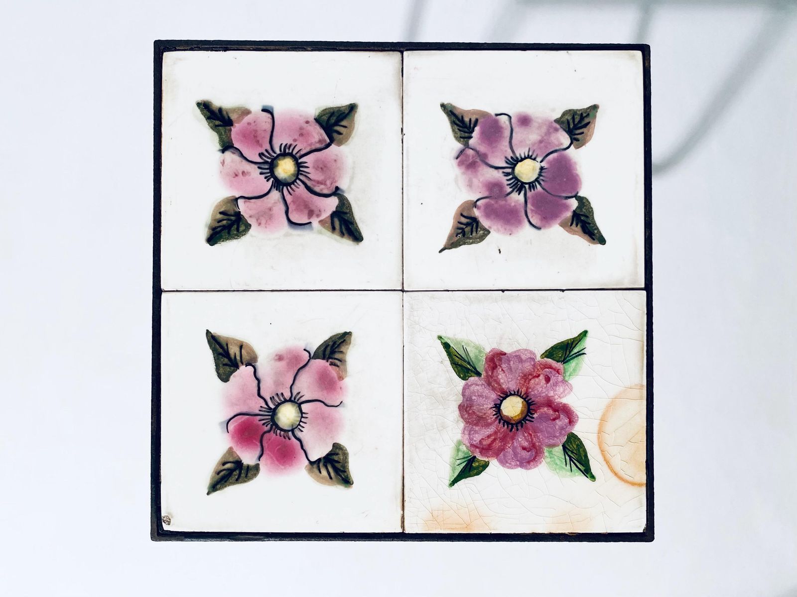 Vintage Ceramic Tiles Rose Flower Motif Table Stand / 1950s Balcony Furniture France photo for sale