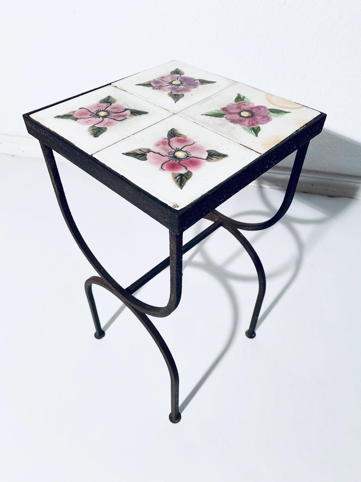 Vintage Ceramic Tiles Rose Flower Motif Table Stand / 1950s Balcony Furniture France photo Home Decor