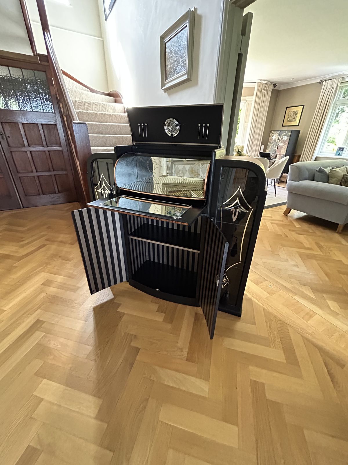 1950.0 Cocktail Cabinet.  Art Deco Style.  Rivington.  Walnut. Refurbished.  Handpainted.  Unique. photo