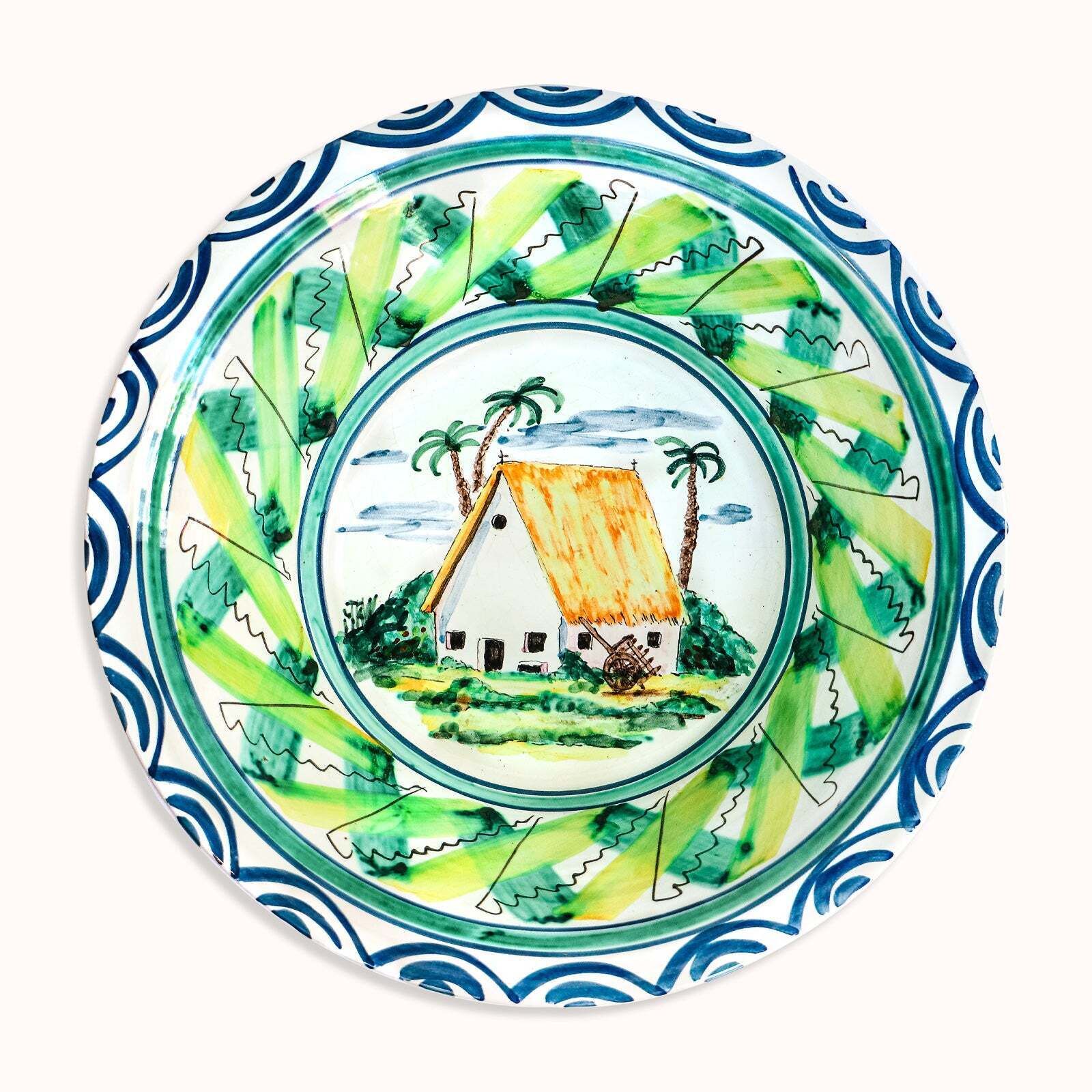Large Vintage Hand Painted Italian Ceramic Bowl With A House And Palm Trees