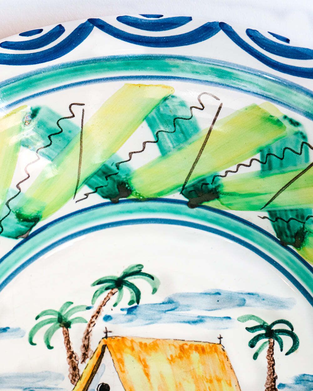 Large Vintage Hand Painted Italian Ceramic Bowl With A House And Palm Trees photo for sale