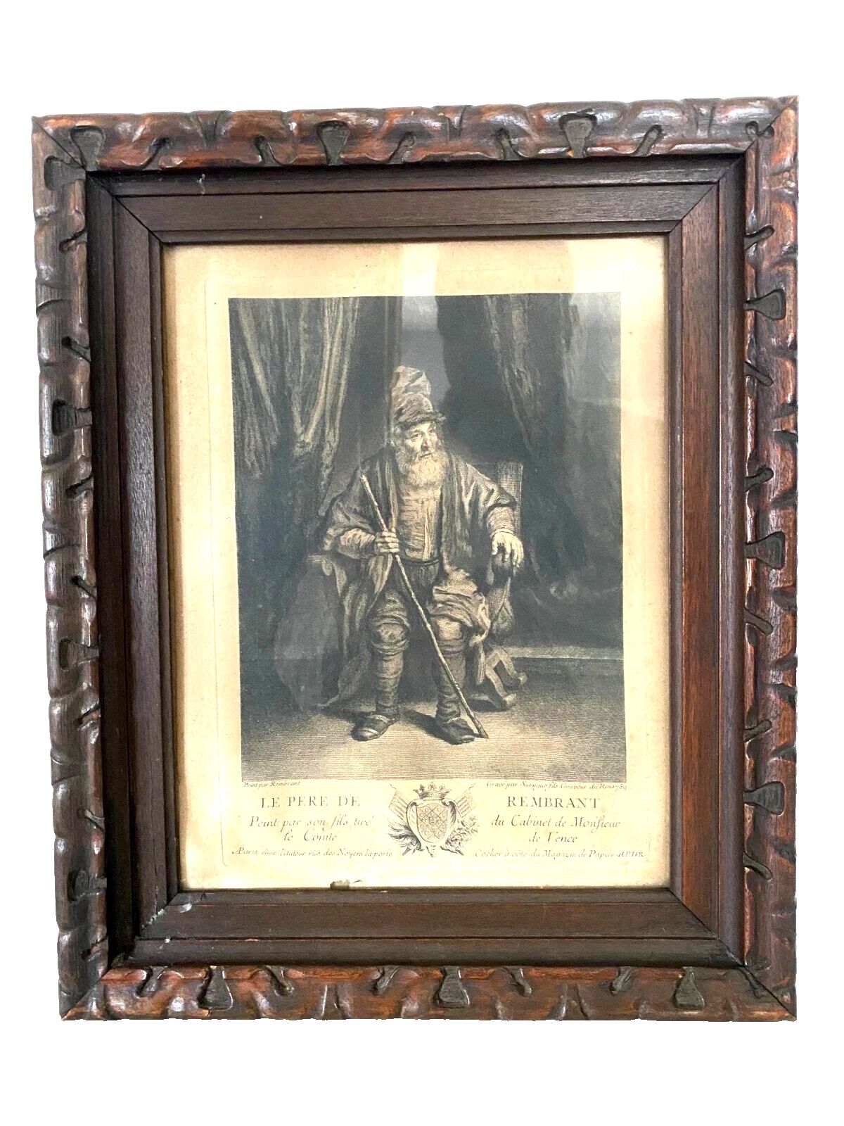 Antique 19th Century Carved Wooden Frame Engraving photo vinterior