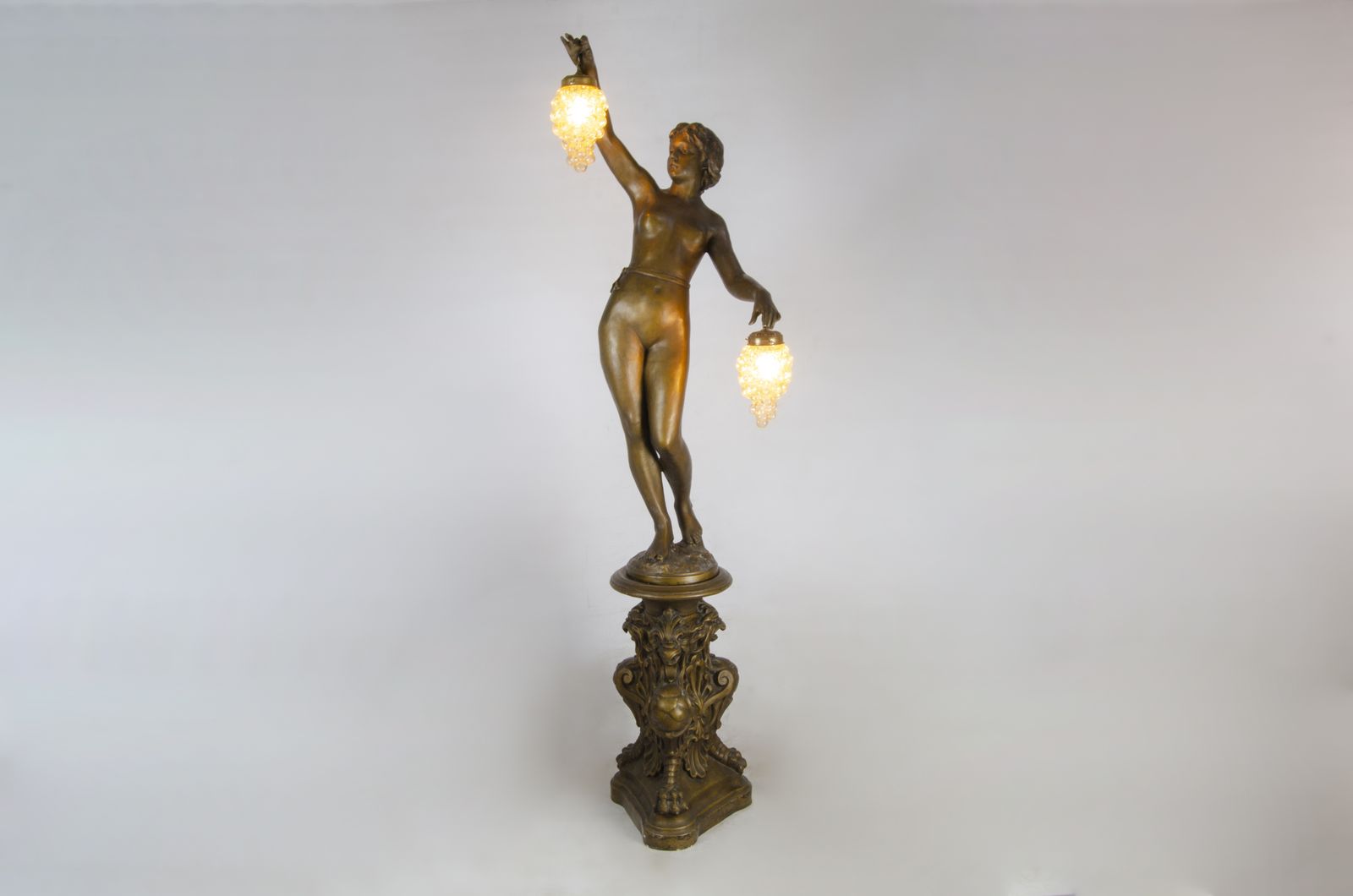 photo furniture Mid 20th Century Art Nouveau Style Painted Ceramic Sculptural Floor Lamp Of Maenad Holding Grapes Signed By P. Oltolini, Argentina