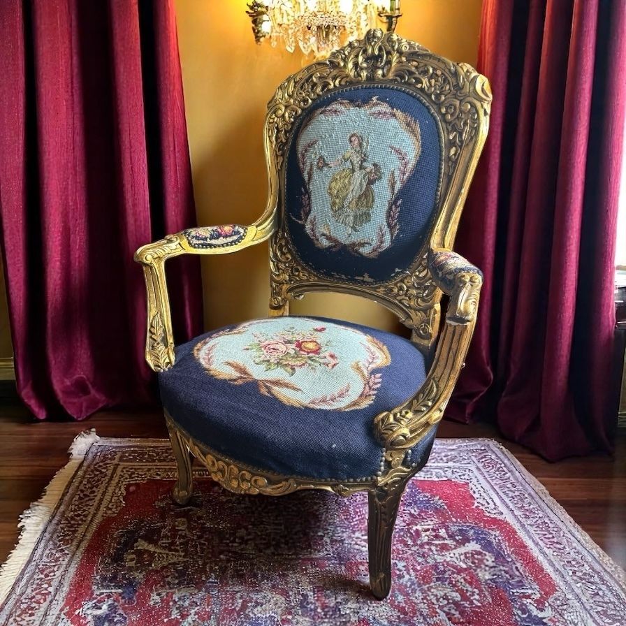 Pair Of Antique Giltwood & Gesso Fauteuil Armchair Louis XVI Style Needlepoint