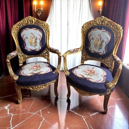 Pair Of Antique Giltwood & Gesso Fauteuil Armchair Louis XVI Style Needlepoint photo for sale