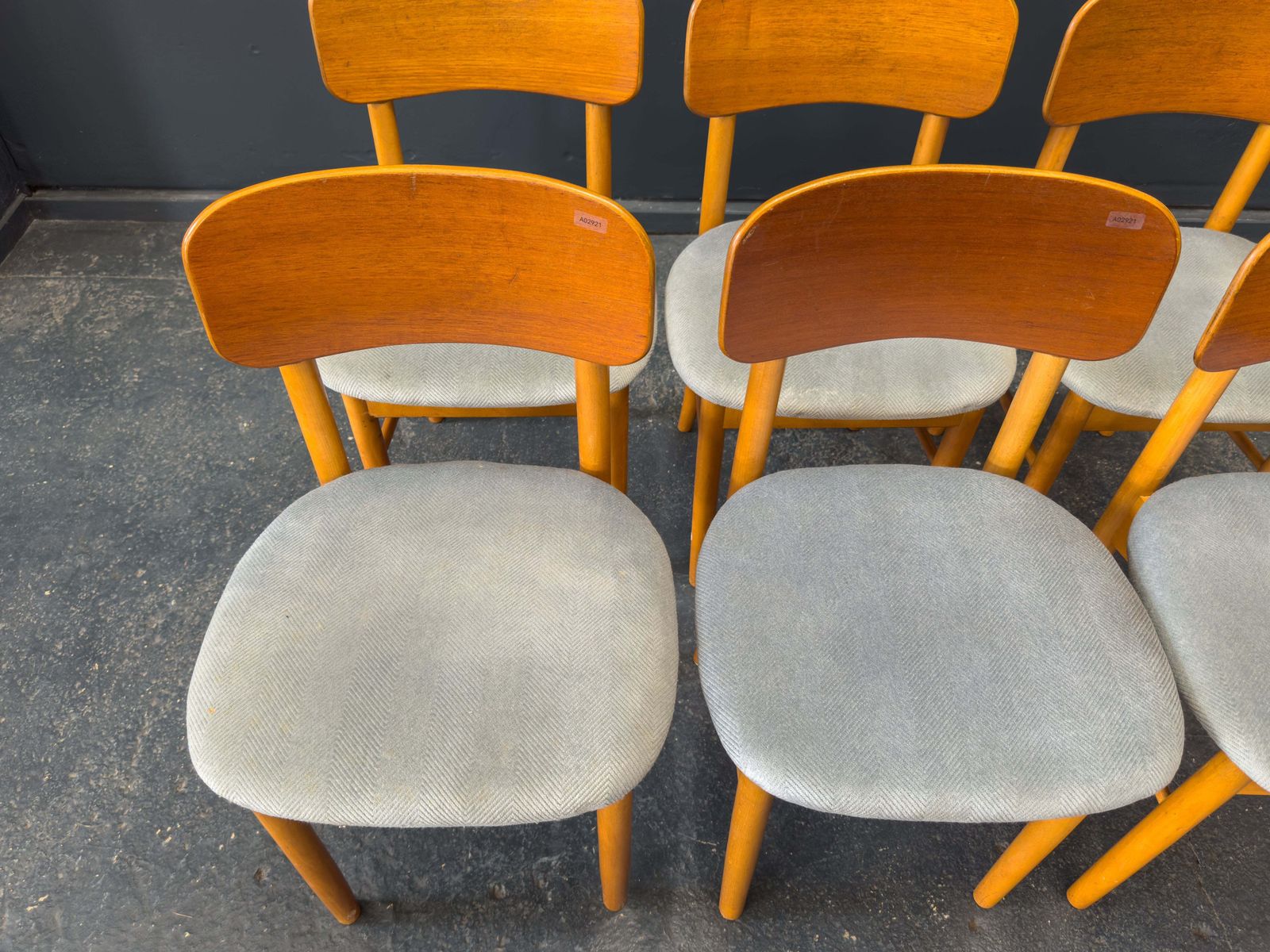 Set Of 6 Teak And Blue Upholstered Dining Chairs photo buy
