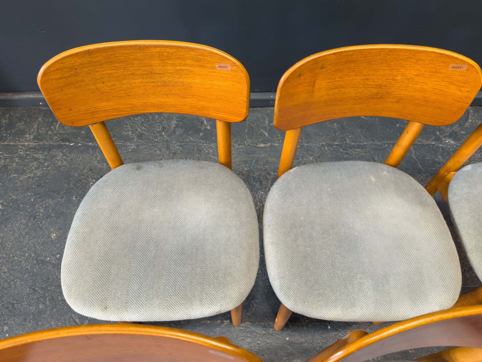 photo furniture Set Of 6 Teak And Blue Upholstered Dining Chairs