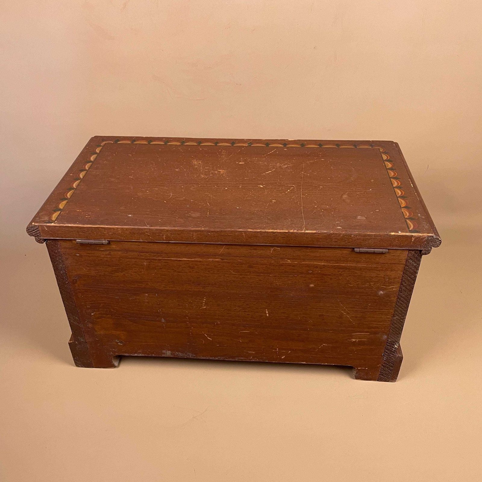 Antique Indian Handmade Wooden Box Trinket Brown Lid Lidded Wood Rectangle Hand Painted Patterned Pattern Jewellery India Old Paint photo vintage