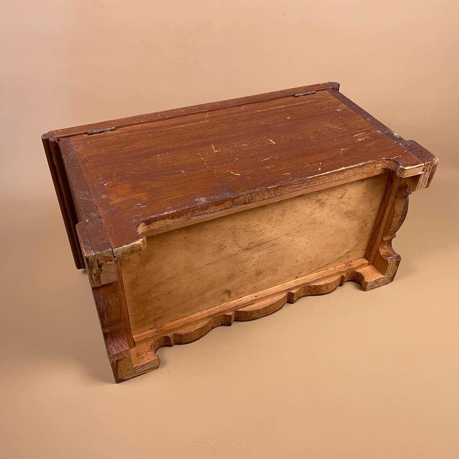 photo for sale Antique Indian Handmade Wooden Box Trinket Brown Lid Lidded Wood Rectangle Hand Painted Patterned Pattern Jewellery India Old Paint
