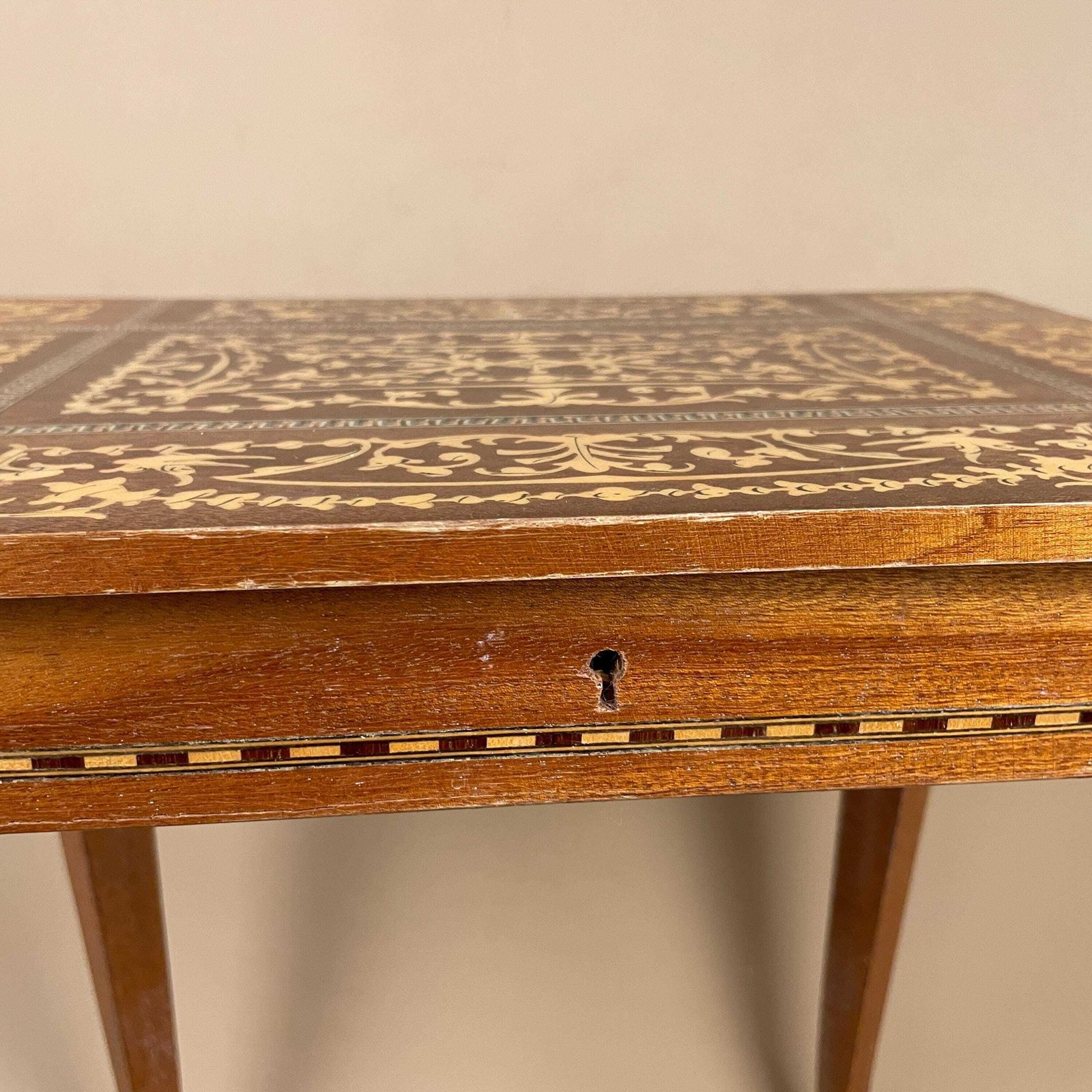 Antique Wooden Table Vintage Wood Side Musical Swiss Marquetry Patterned Reuge Side Coffee Console Hallway Plant Stand Rectangle Varnished photo 195.0