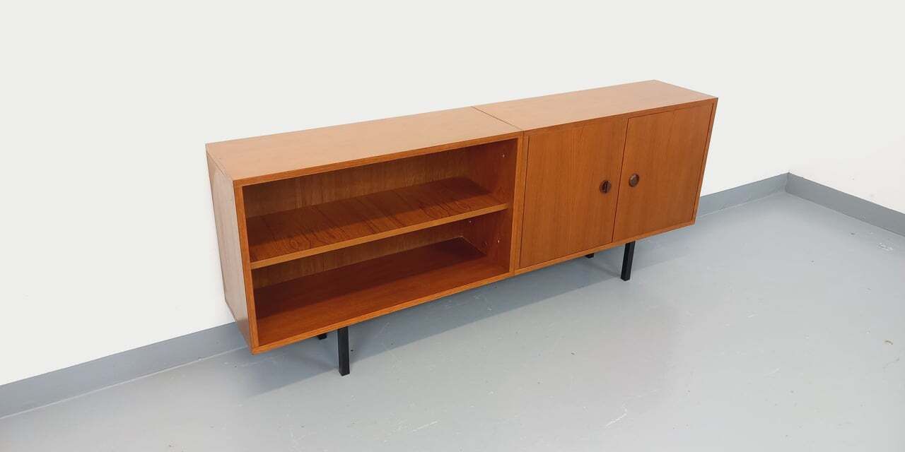Modernist Sideboard With Teak Niche And Black Metal Legs photo for sale