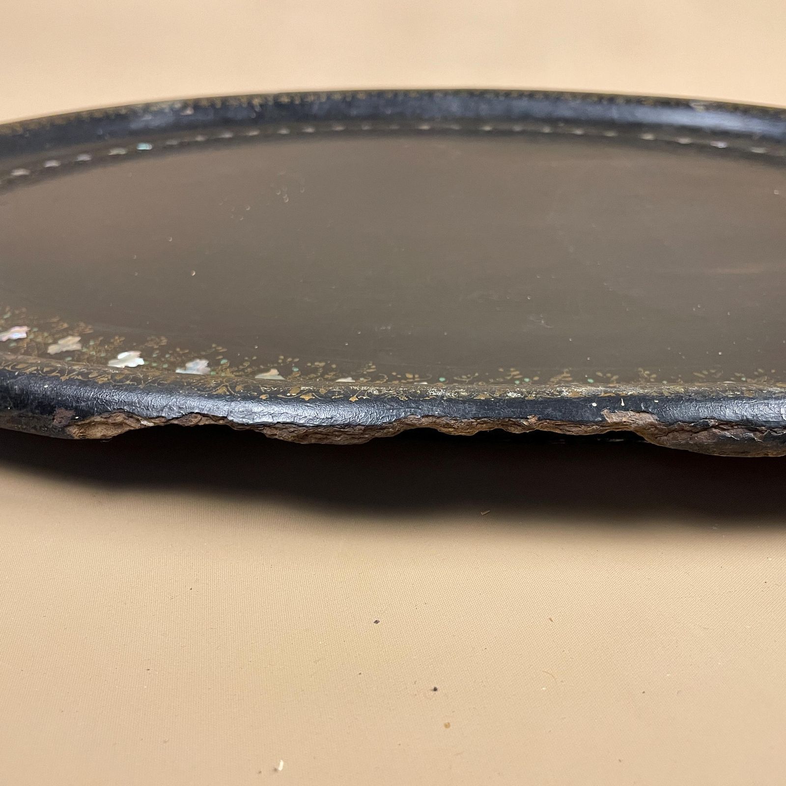 Antique Oval Wooden Display Tray Painted Black With Pearl Inlay Floral Pattern Wall Hanging Vintage Rustic photo buy