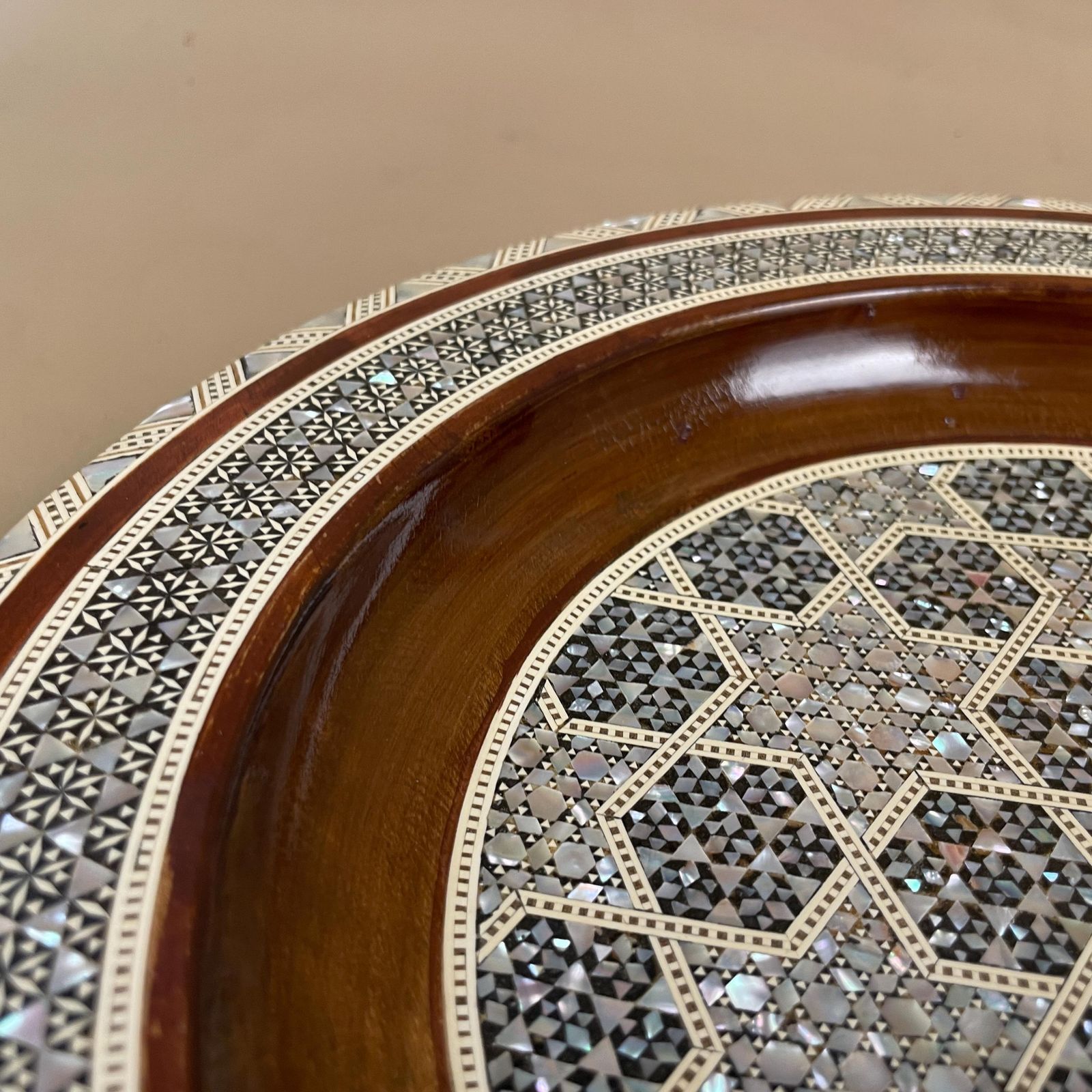 Vintage Middle Eastern Bowl Tray Pearl Inlay Pattern Wooden Round Display Plate Decorative Plate Art Wall Hanging photo buy