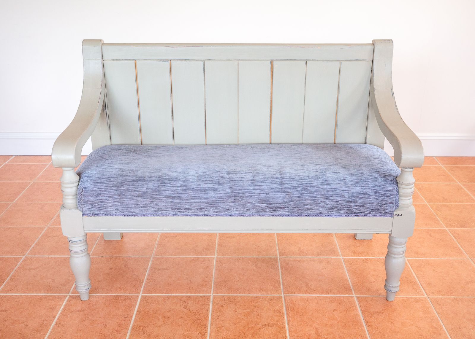 Painted Chapel Bench English Antique Upholstered Oak Late Victoria.N Grey Blue Large Church Settle Pew Upholstered Shabb.Y Chi.C Chalk Paint photo Furniture