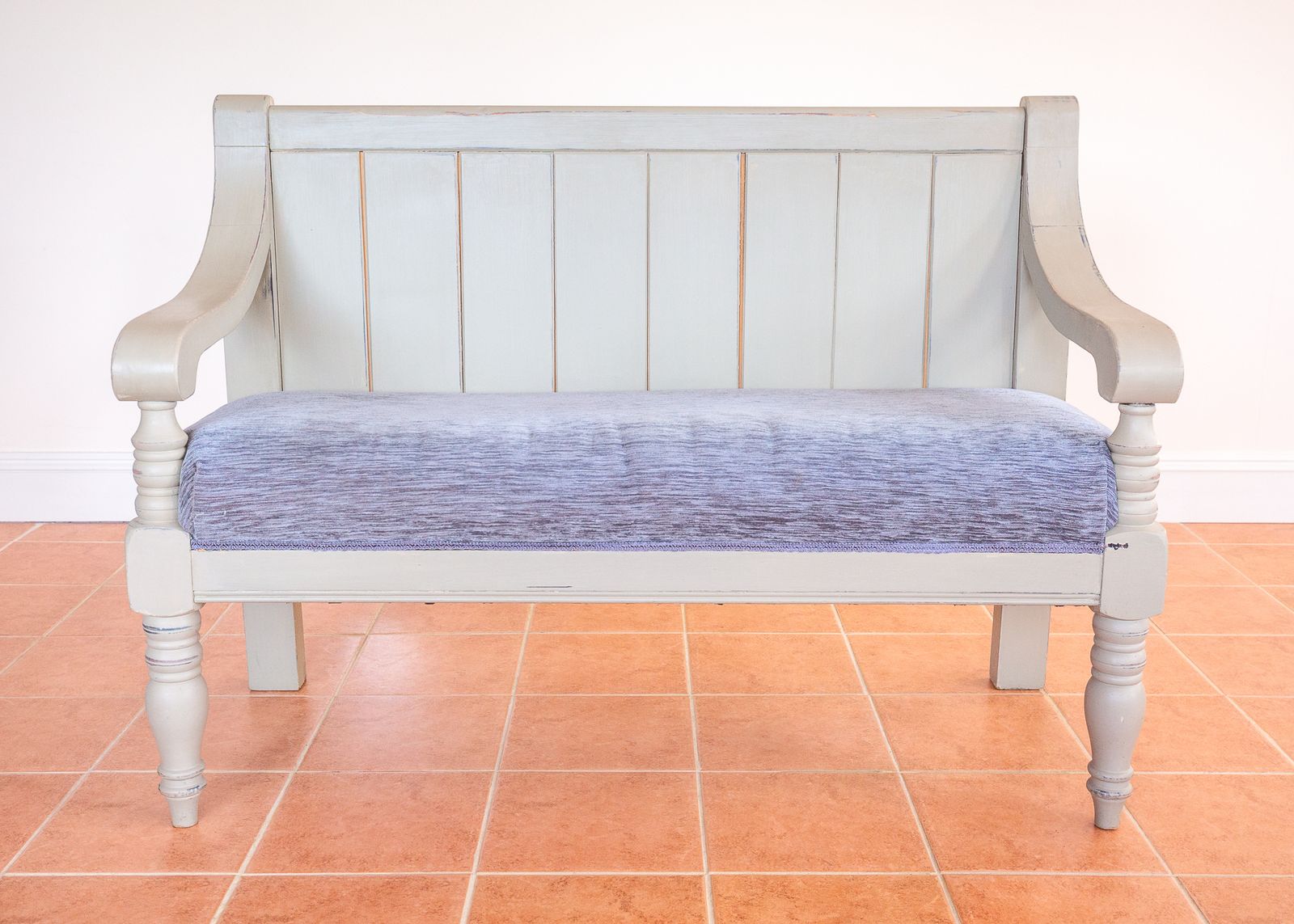 photo buy Painted Chapel Bench English Antique Upholstered Oak Late Victoria.N Grey Blue Large Church Settle Pew Upholstered Shabb.Y Chi.C Chalk Paint