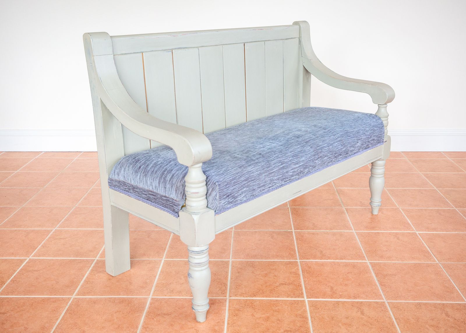 Painted Chapel Bench English Antique Upholstered Oak Late Victoria.N Grey Blue Large Church Settle Pew Upholstered Shabb.Y Chi.C Chalk Paint