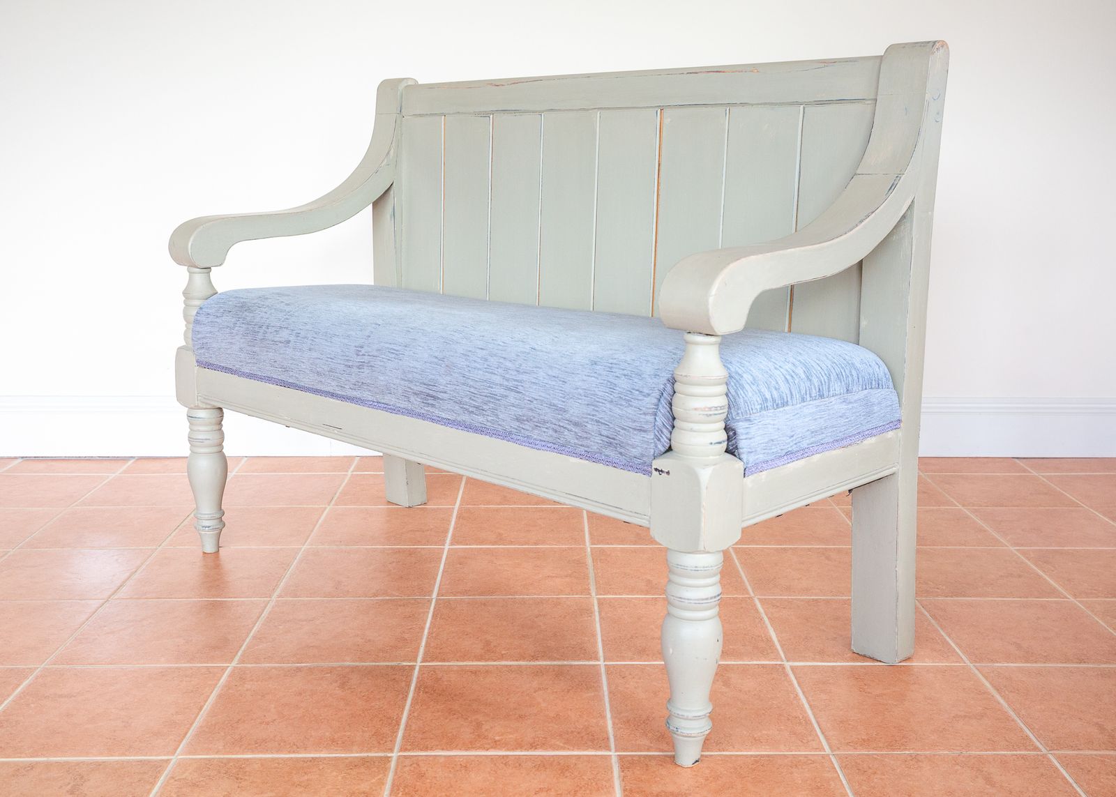 photo furniture Painted Chapel Bench English Antique Upholstered Oak Late Victoria.N Grey Blue Large Church Settle Pew Upholstered Shabb.Y Chi.C Chalk Paint