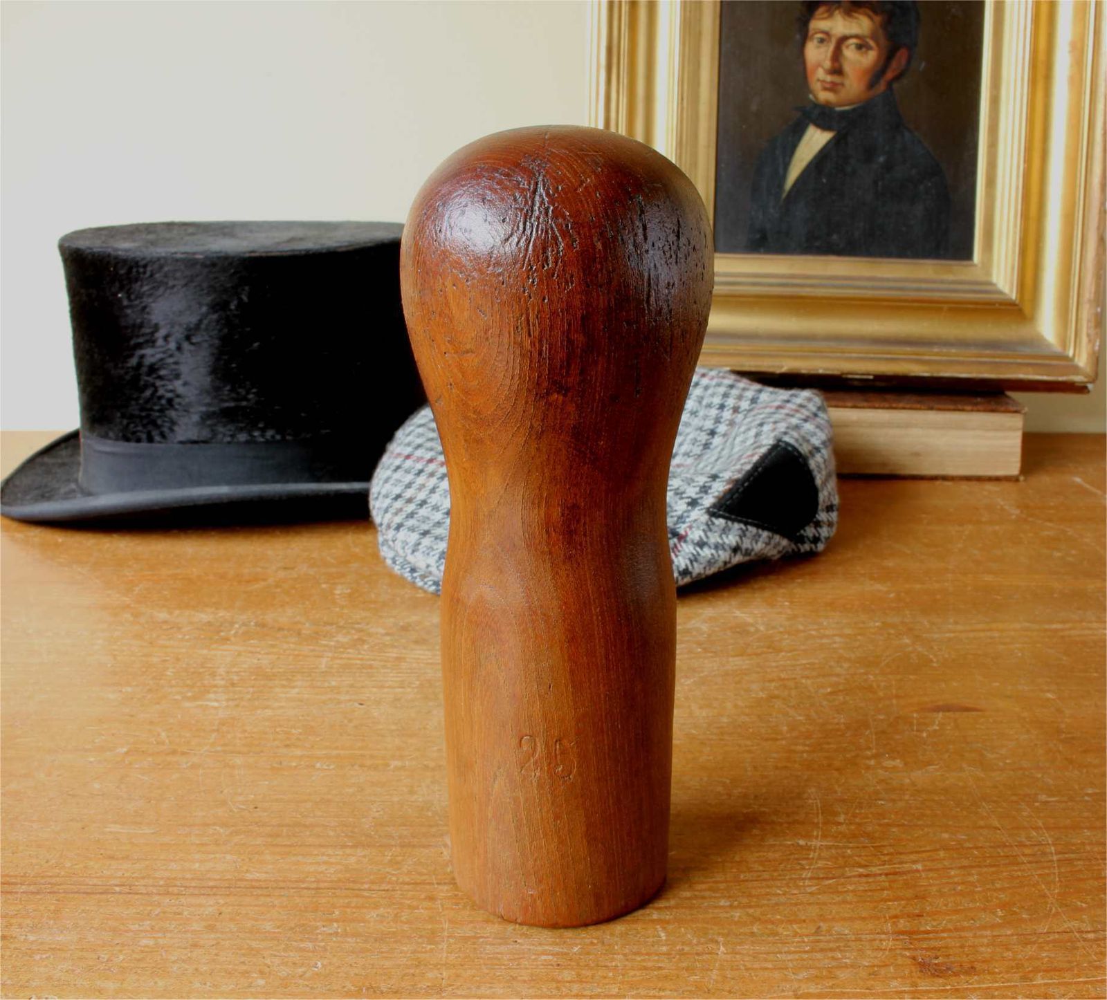 Size 25 Hat Block. Small Size French Wood Milliner's Head Display Stand. photo 215.0