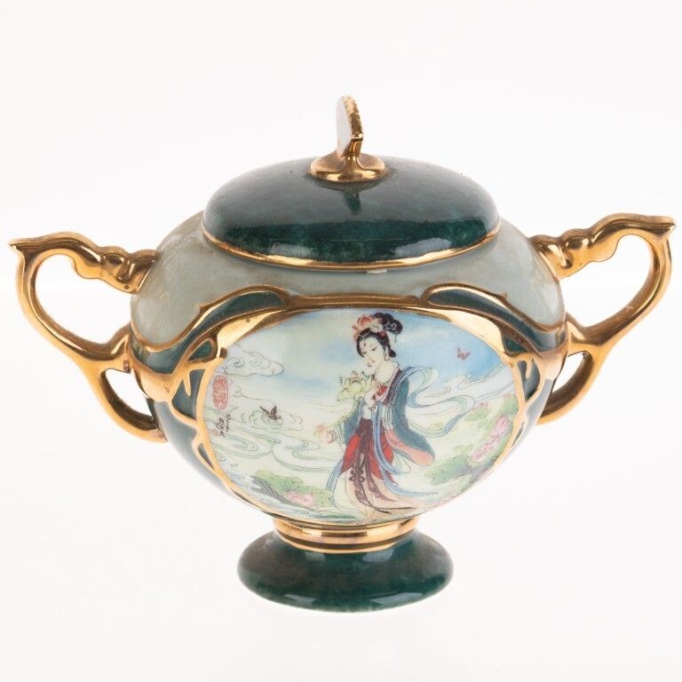 Beauties Of The Red Mansion Chinese Gilt Porcelain Musical Box