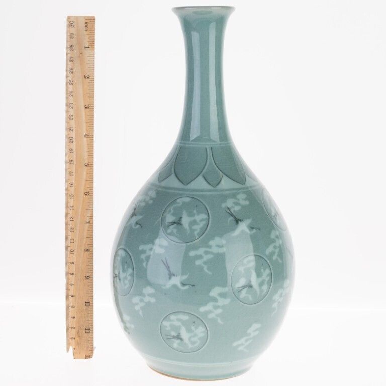 Antique Korean Celadon Glazed Porcelain Bottle Neck Vase With Cranes In Flight photo Home Decor