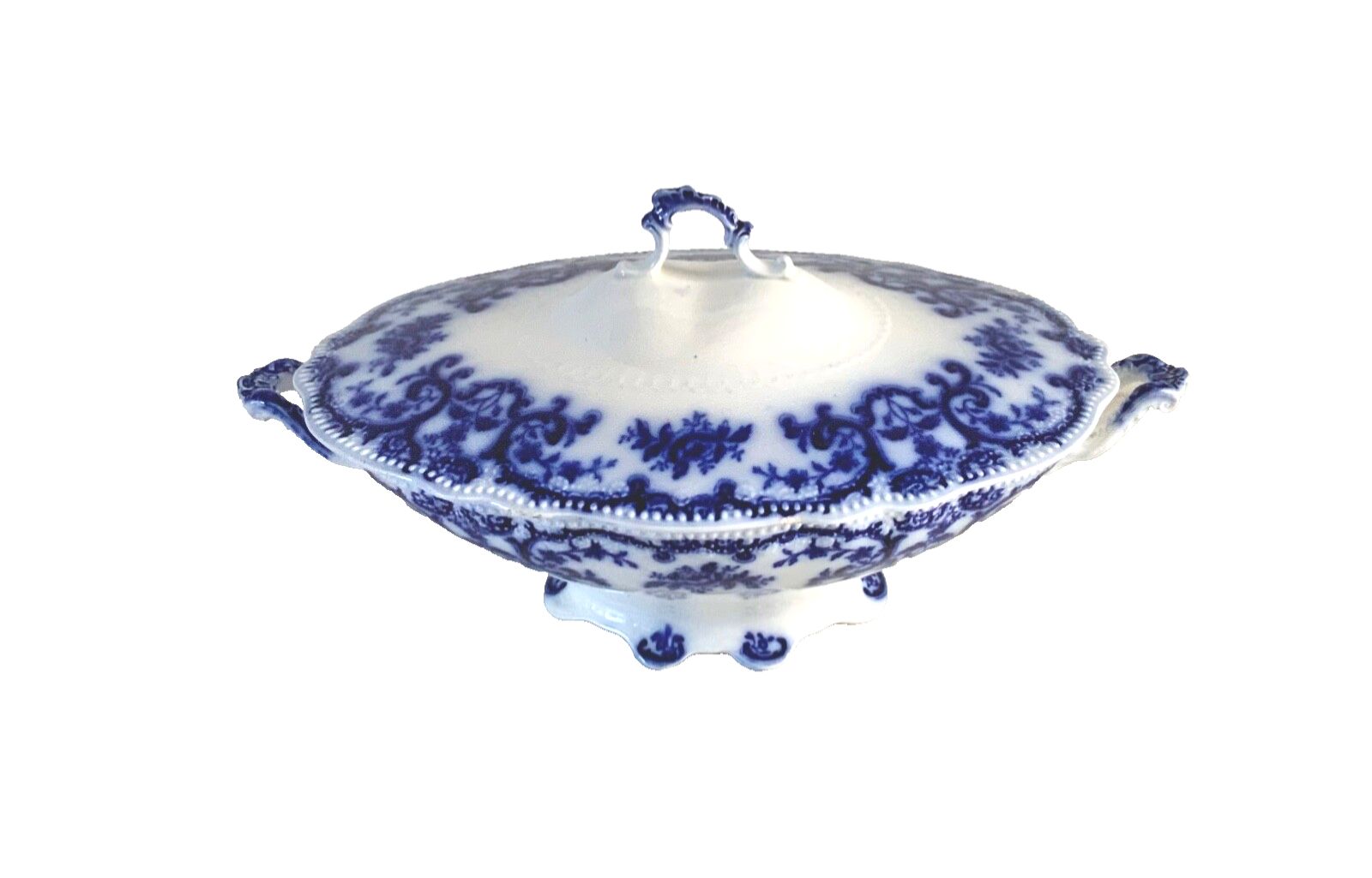 Antique W.H.Grindley &Co Portman, Flow Blue, Oval Footed Vegetable Tureen 1900s