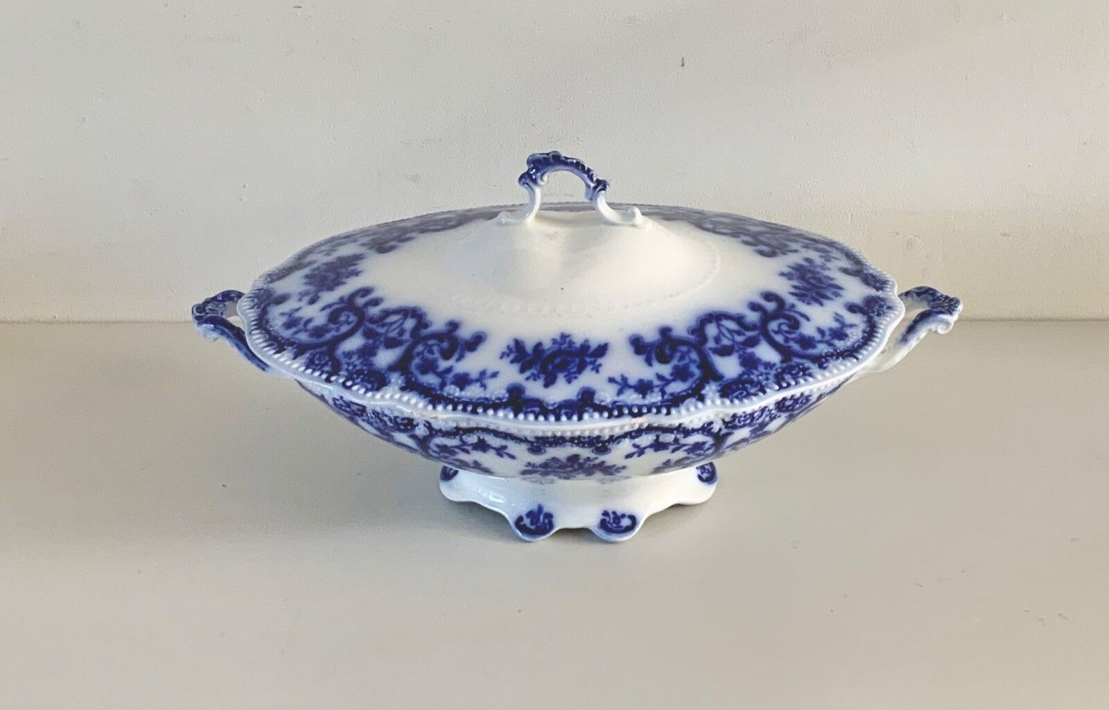 Antique W.H.Grindley &Co Portman, Flow Blue, Oval Footed Vegetable Tureen 1900s photo furniture