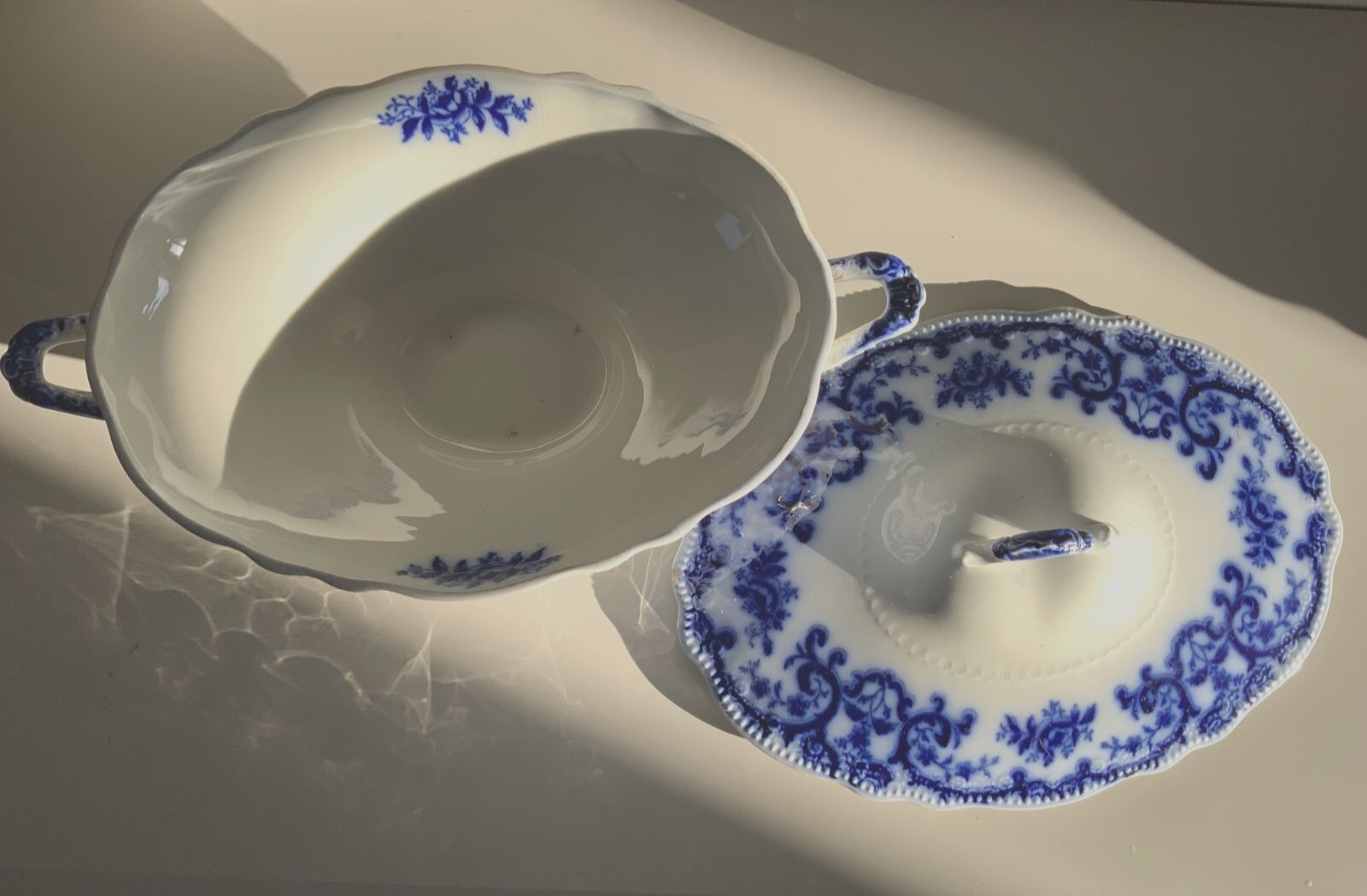 photo for sale Antique W.H.Grindley &Co Portman, Flow Blue, Oval Footed Vegetable Tureen 1900s