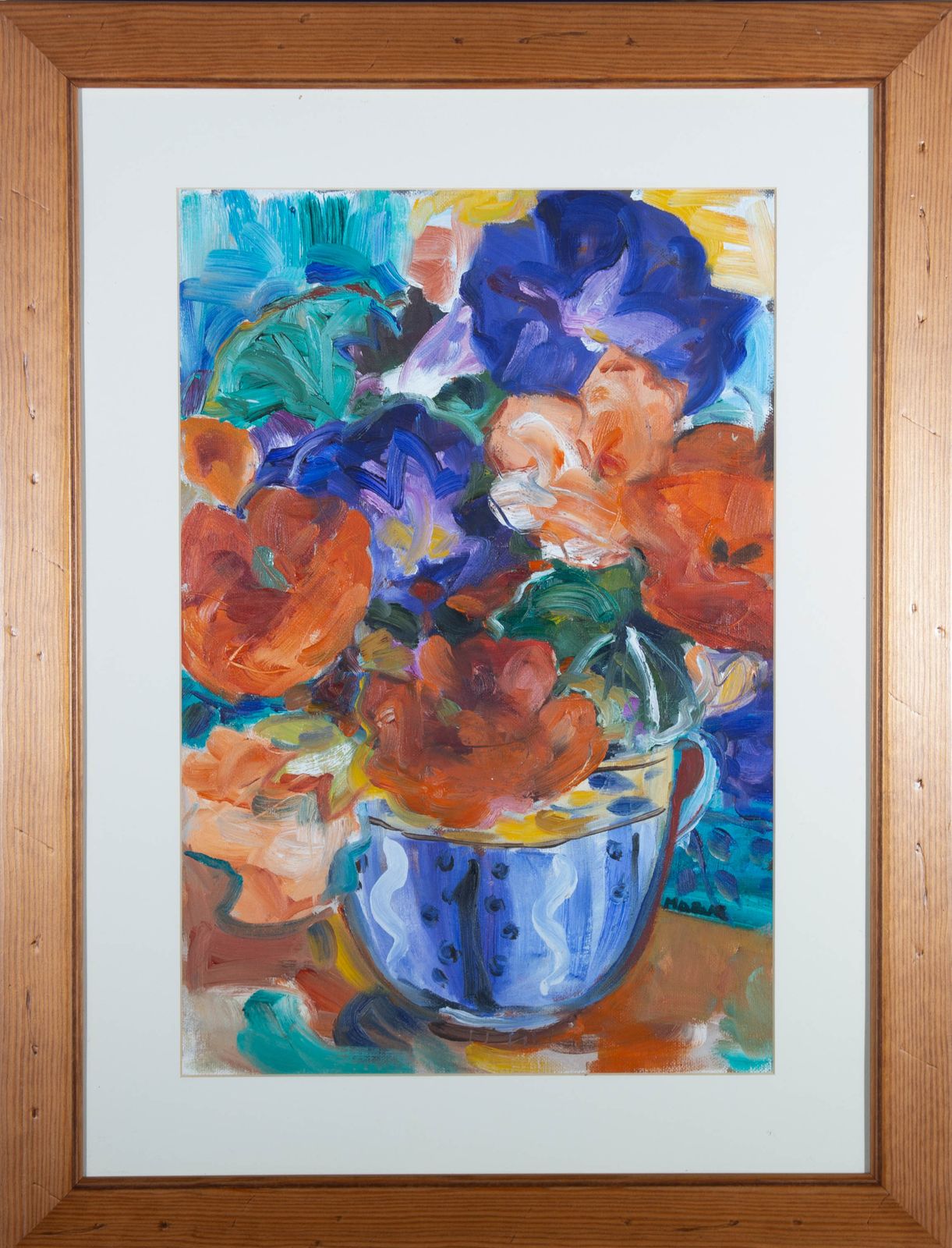 20th Century Oil   Vibrant Flowers In Blue And White Vase
